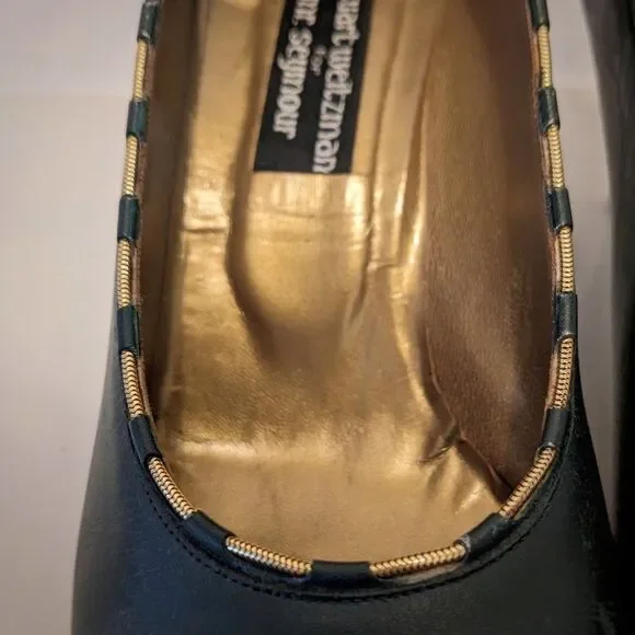 VINTAGE 80s STUART WEITZMAN for Mr. Seymour Forest Green Gold Chain Pumps Sz. 11 - Picture 8 of 12